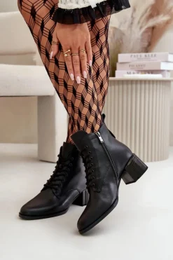 Damskie Buty damskie Vinceza Sznurowane Botki Damskie Na Obcasie Ze Skóry Naturalnej Ocieplane Czarne Vinceza 91110