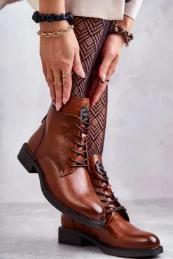 Buty damskie Vinceza Botki Sznurowane|Czarne Botki*Sznurowane Botki Na Płaskim Obcasie Karmelowe Grete