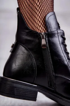 Buty damskie Vinceza Botki Sznurowane|Czarne Botki*Sznurowane Botki Na Płaskim Obcasie Czarne Grete