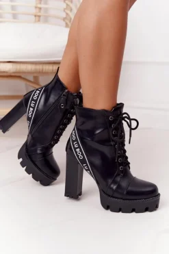 Damskie Boto Sznurowane Botki Na Słupku Lu Boo Czarne