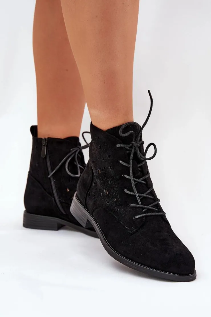 Damskie buty S.Barski Botki Ażurowe|Brązowe I Beżowe Botki*Sznurowane Botki Z Ażurowym Wzorem S.Barski HY51-136 Czarne Czarny