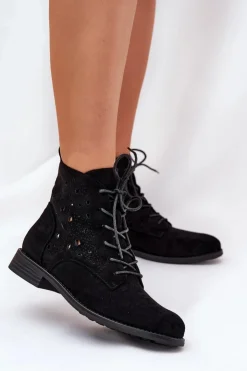 Damskie buty S.Barski Botki Ażurowe|Brązowe I Beżowe Botki*Sznurowane Botki Z Ażurowym Wzorem S.Barski HY51-136 Czarne Czarny