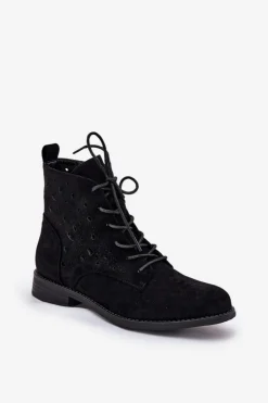 Damskie buty S.Barski Botki Ażurowe|Brązowe I Beżowe Botki*Sznurowane Botki Z Ażurowym Wzorem S.Barski HY51-136 Czarne Czarny