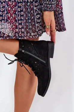 Damskie buty S.Barski Botki Ażurowe|Brązowe I Beżowe Botki*Sznurowane Botki Z Ażurowym Wzorem S.Barski HY51-136 Czarne Czarny