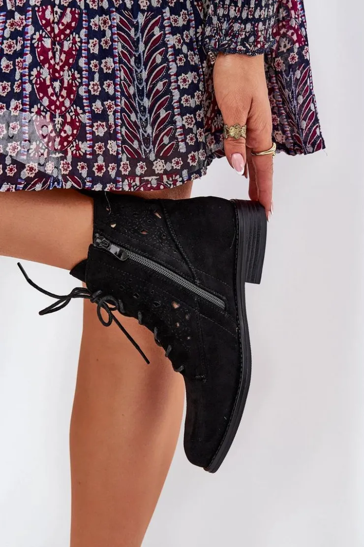 Damskie buty S.Barski Botki Ażurowe|Brązowe I Beżowe Botki*Sznurowane Botki Z Ażurowym Wzorem S.Barski HY51-136 Czarne Czarny