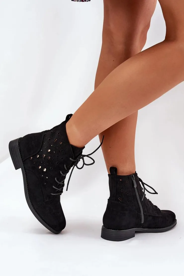 Damskie buty S.Barski Botki Ażurowe|Brązowe I Beżowe Botki*Sznurowane Botki Z Ażurowym Wzorem S.Barski HY51-136 Czarne Czarny