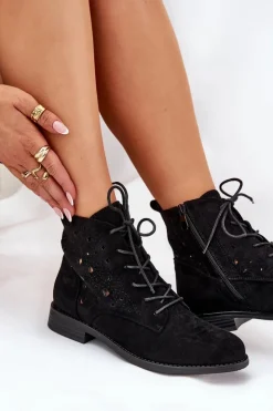 Damskie buty S.Barski Botki Ażurowe|Brązowe I Beżowe Botki*Sznurowane Botki Z Ażurowym Wzorem S.Barski HY51-136 Czarne Czarny