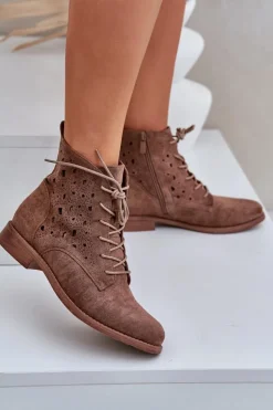 Damskie Damskie buty S.Barski Sznurowane Botki Z Ażurowym Wzorem S.Barski HY51-136 Brązowe