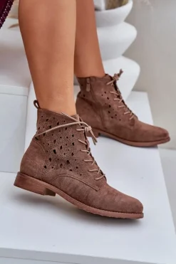 Damskie Damskie buty S.Barski Sznurowane Botki Z Ażurowym Wzorem S.Barski HY51-136 Brązowe