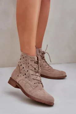 Clearance Damskie buty S.Barski Sznurowane Botki Z Ażurowym Wzorem S.Barski HY51-136 Beżowe Beżowy