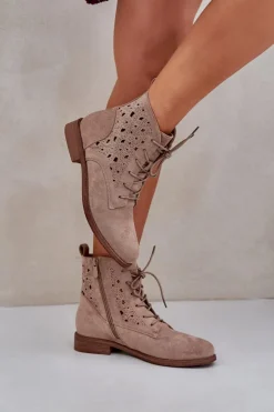 Clearance Damskie buty S.Barski Sznurowane Botki Z Ażurowym Wzorem S.Barski HY51-136 Beżowe Beżowy