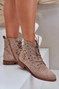 Clearance Damskie buty S.Barski Sznurowane Botki Z Ażurowym Wzorem S.Barski HY51-136 Beżowe Beżowy