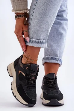 Damskie Boto Sznurowane Buty Sportowe Na Platformie Czarne Escape