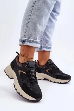 Damskie Boto Sznurowane Buty Sportowe Na Platformie Czarne Escape