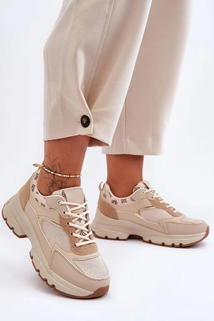 Boto Sneakersy Damskie*Sznurowane Buty Sportowe Na Platformie Beżowe Escape
