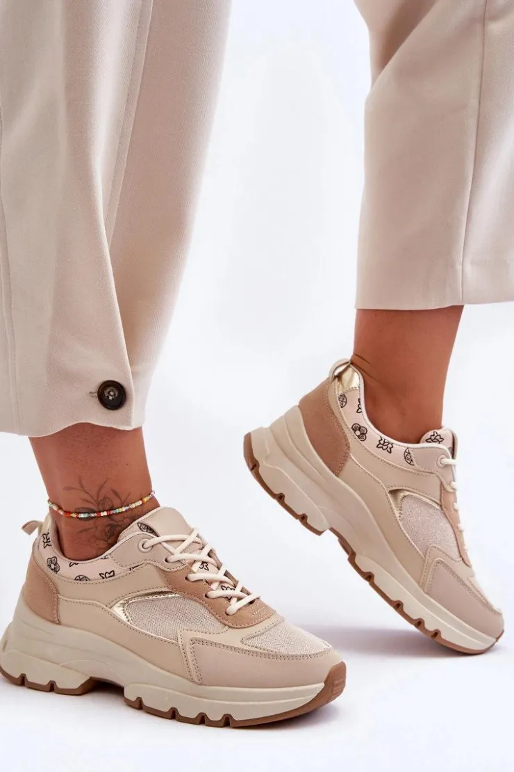 Boto Sneakersy Damskie*Sznurowane Buty Sportowe Na Platformie Beżowe Escape