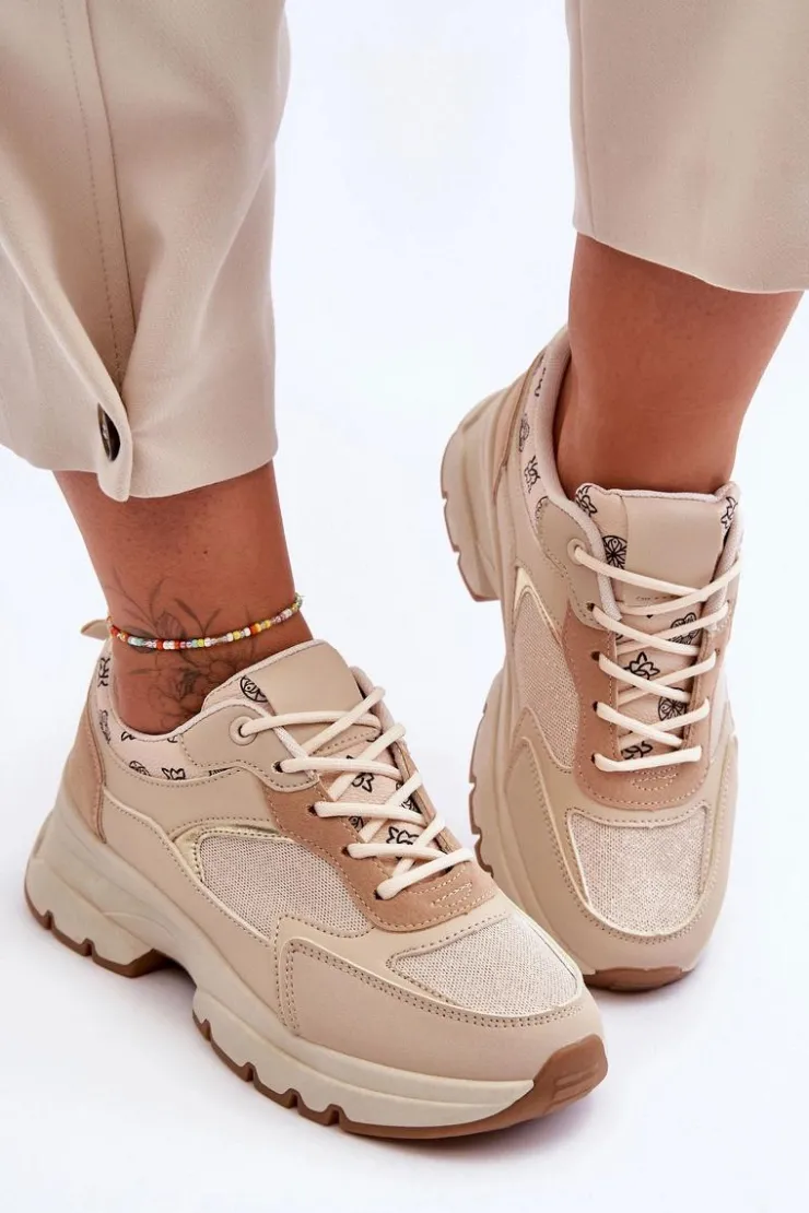 Boto Sneakersy Damskie*Sznurowane Buty Sportowe Na Platformie Beżowe Escape