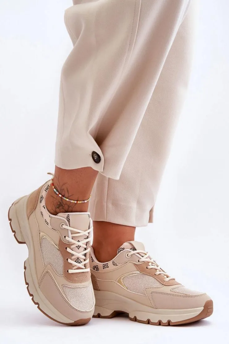 Boto Sneakersy Damskie*Sznurowane Buty Sportowe Na Platformie Beżowe Escape