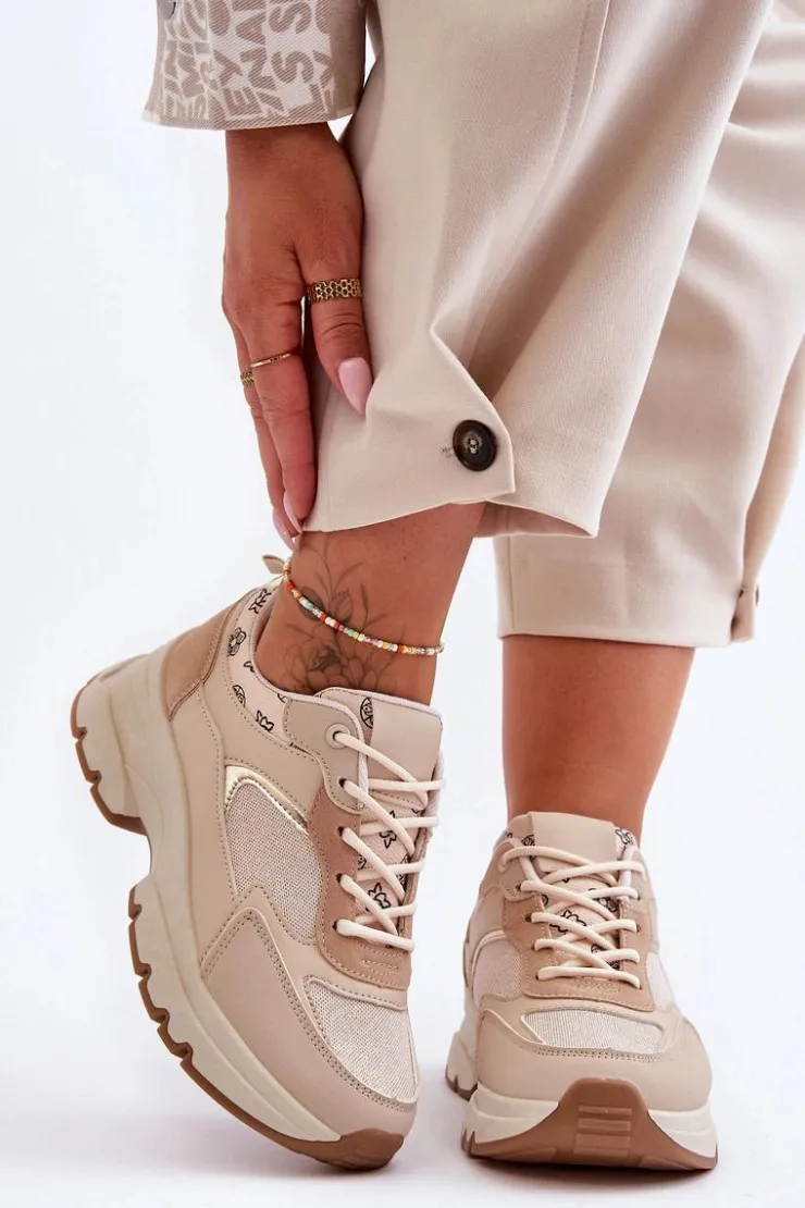 Boto Sneakersy Damskie*Sznurowane Buty Sportowe Na Platformie Beżowe Escape