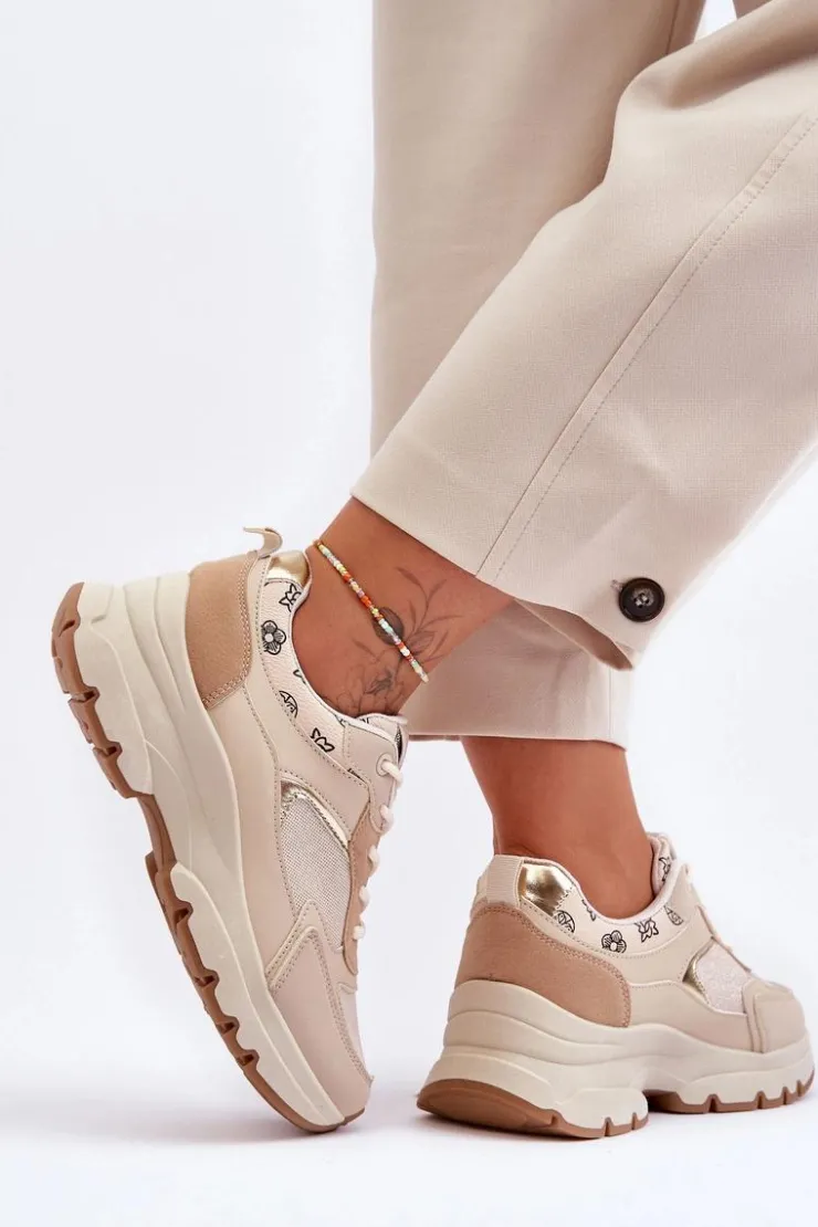 Boto Sneakersy Damskie*Sznurowane Buty Sportowe Na Platformie Beżowe Escape