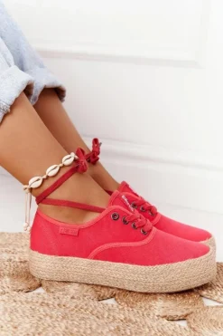Outlet Big Star Shoes Sznurowane Espadryle Na Plecionej Platformie Big Star FF274141 Czerwone