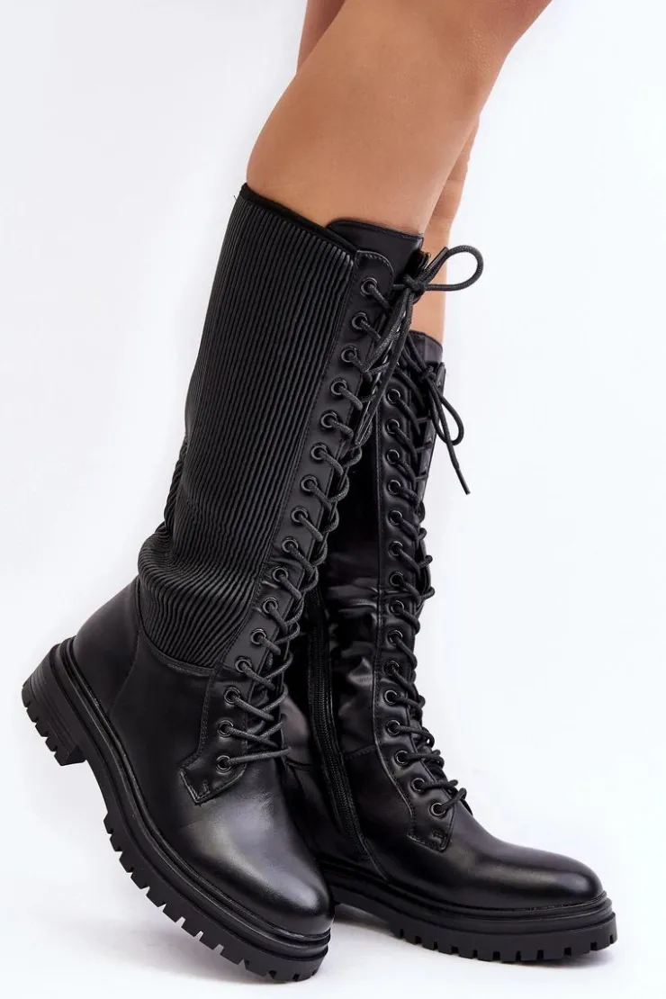 Outlet Boto Sznurowane Kozaki Glany Przed Kolano Czarne Idandrou