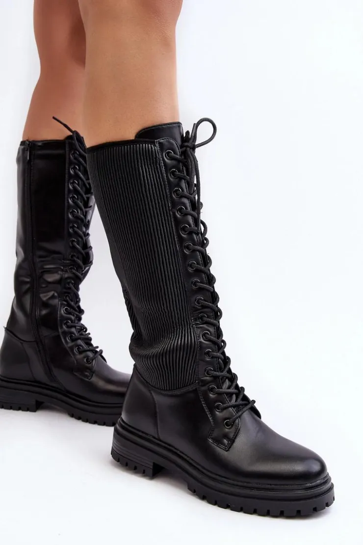 Outlet Boto Sznurowane Kozaki Glany Przed Kolano Czarne Idandrou