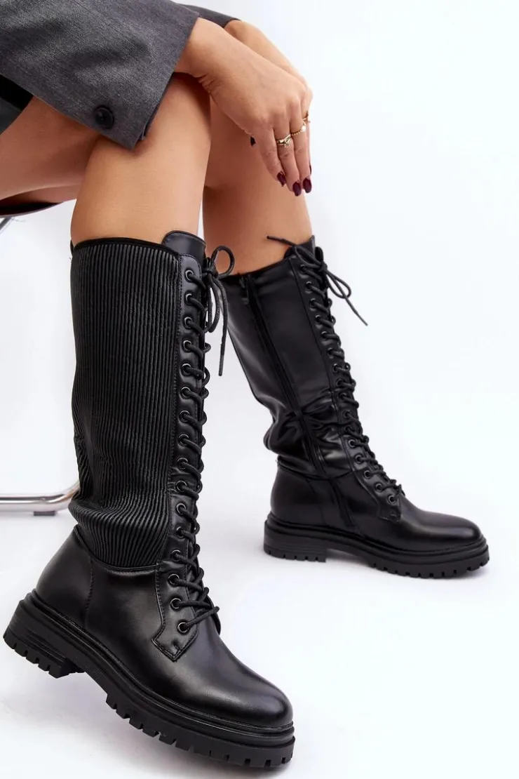 Outlet Boto Sznurowane Kozaki Glany Przed Kolano Czarne Idandrou