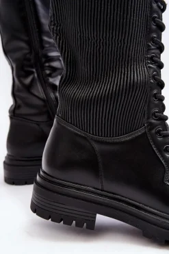 Outlet Boto Sznurowane Kozaki Glany Przed Kolano Czarne Idandrou