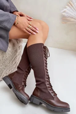 Sale Boto Sznurowane Kozaki Z Elastyczną Cholewką Brązowe Vamilena