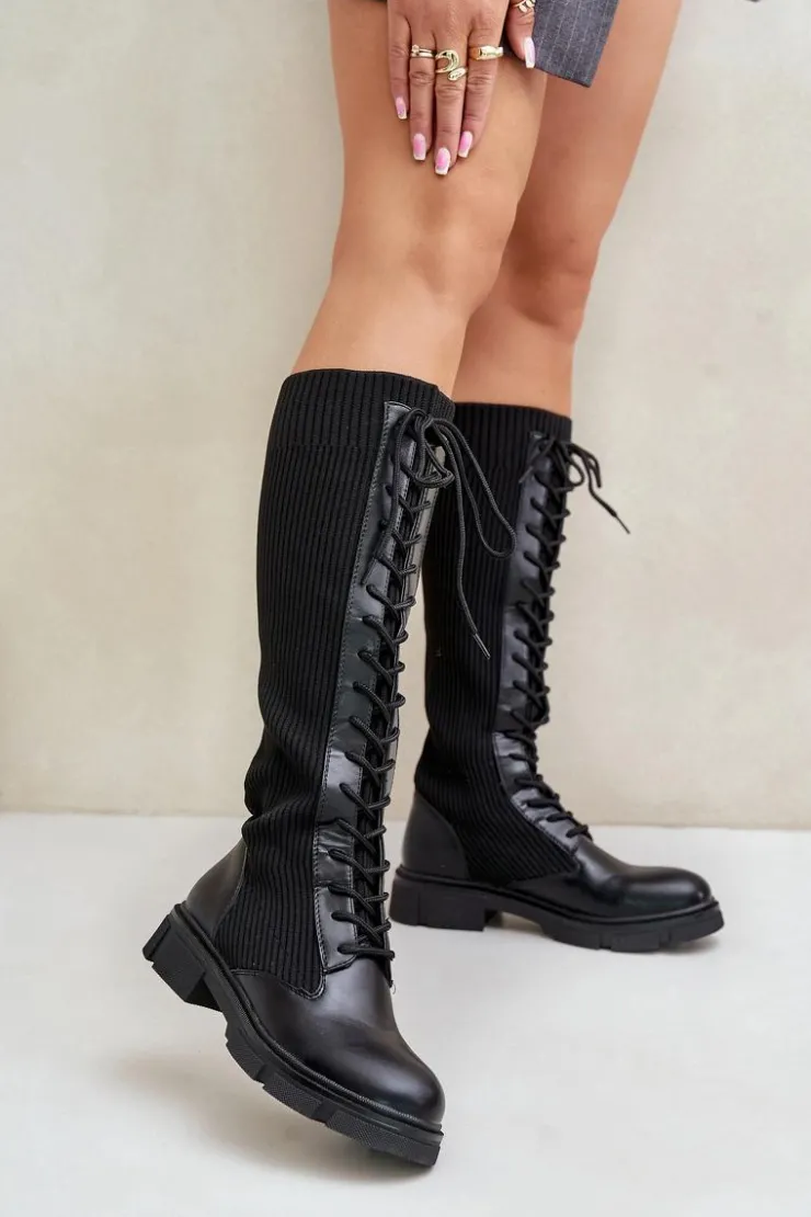 Boto Kozaki Ocieplane|Kozaki Wiosenne*Sznurowane Kozaki Z Elastyczną Cholewką Czarne Vamilena Czarny