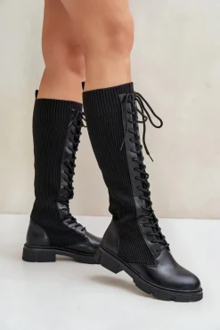 Boto Kozaki Ocieplane|Kozaki Wiosenne*Sznurowane Kozaki Z Elastyczną Cholewką Czarne Vamilena Czarny