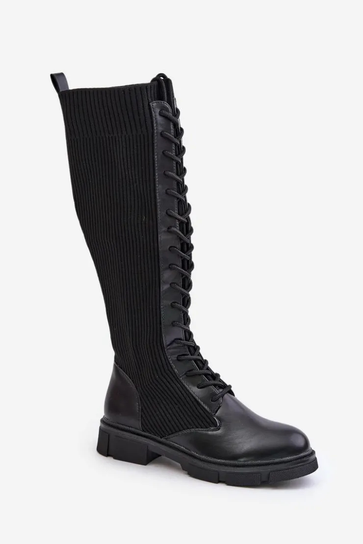Boto Kozaki Ocieplane|Kozaki Wiosenne*Sznurowane Kozaki Z Elastyczną Cholewką Czarne Vamilena Czarny