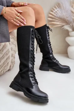 Boto Kozaki Ocieplane|Kozaki Wiosenne*Sznurowane Kozaki Z Elastyczną Cholewką Czarne Vamilena Czarny