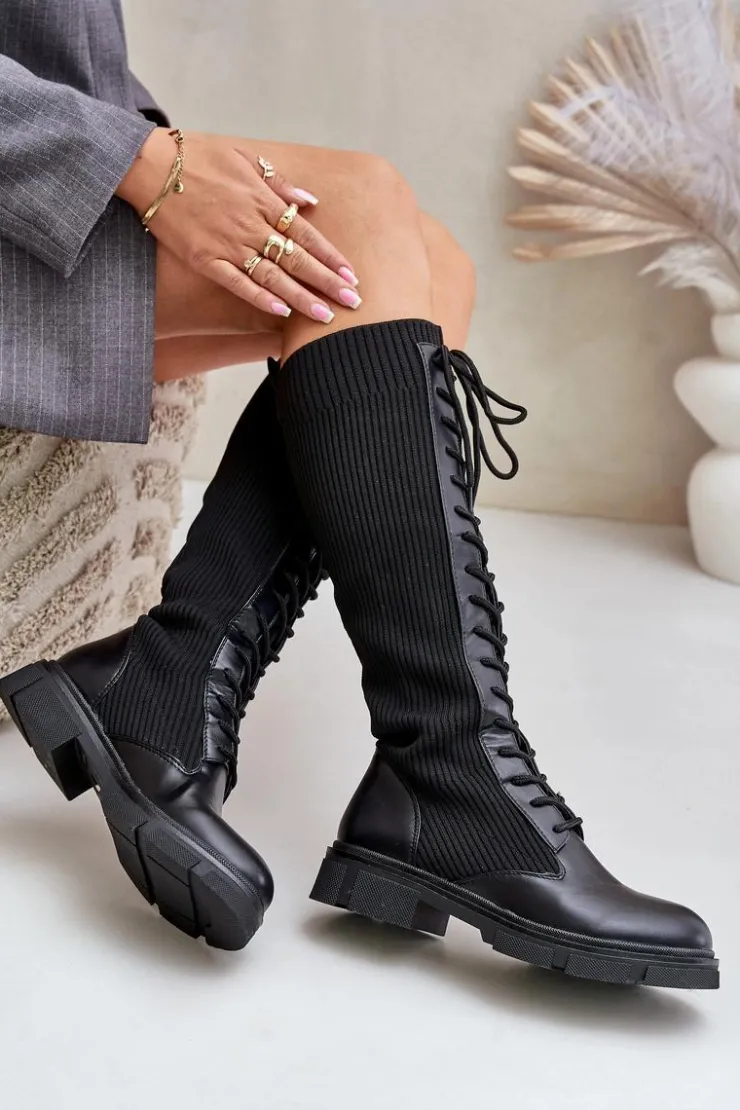 Boto Kozaki Ocieplane|Kozaki Wiosenne*Sznurowane Kozaki Z Elastyczną Cholewką Czarne Vamilena Czarny