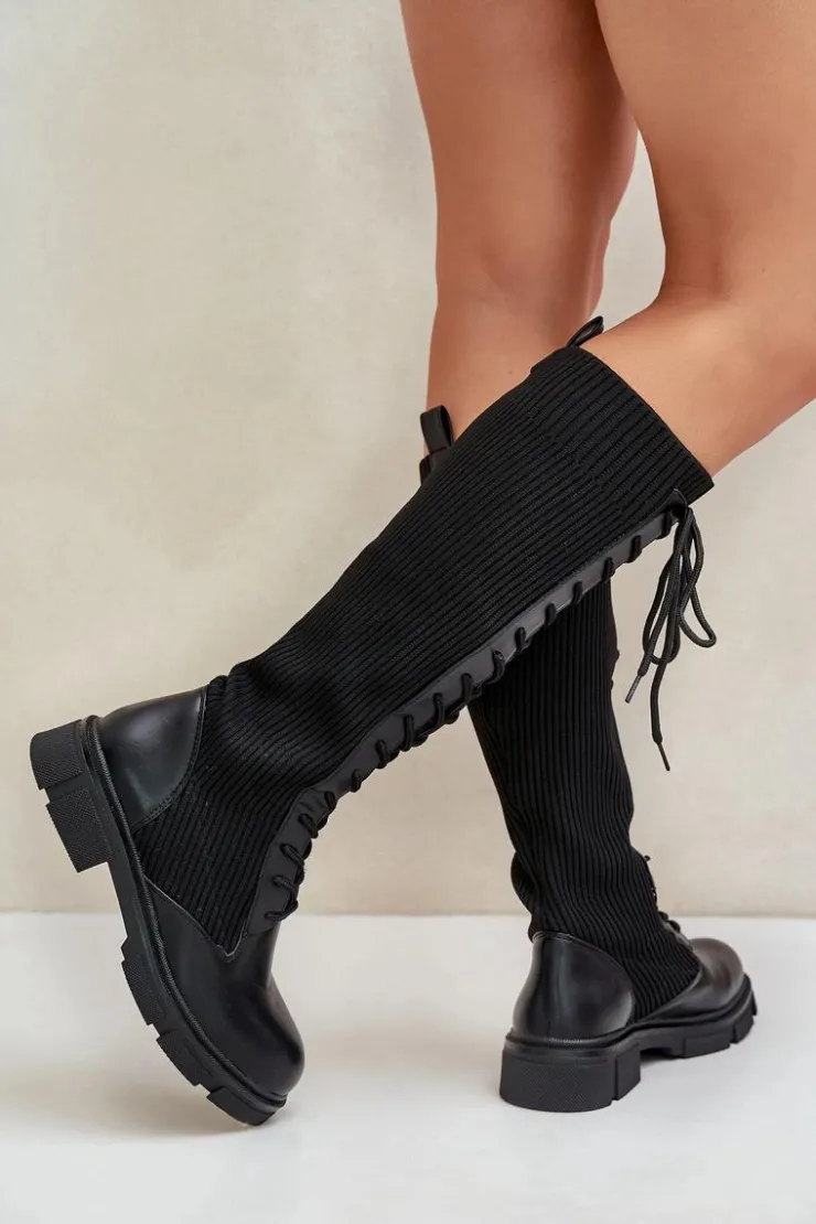 Boto Kozaki Ocieplane|Kozaki Wiosenne*Sznurowane Kozaki Z Elastyczną Cholewką Czarne Vamilena Czarny