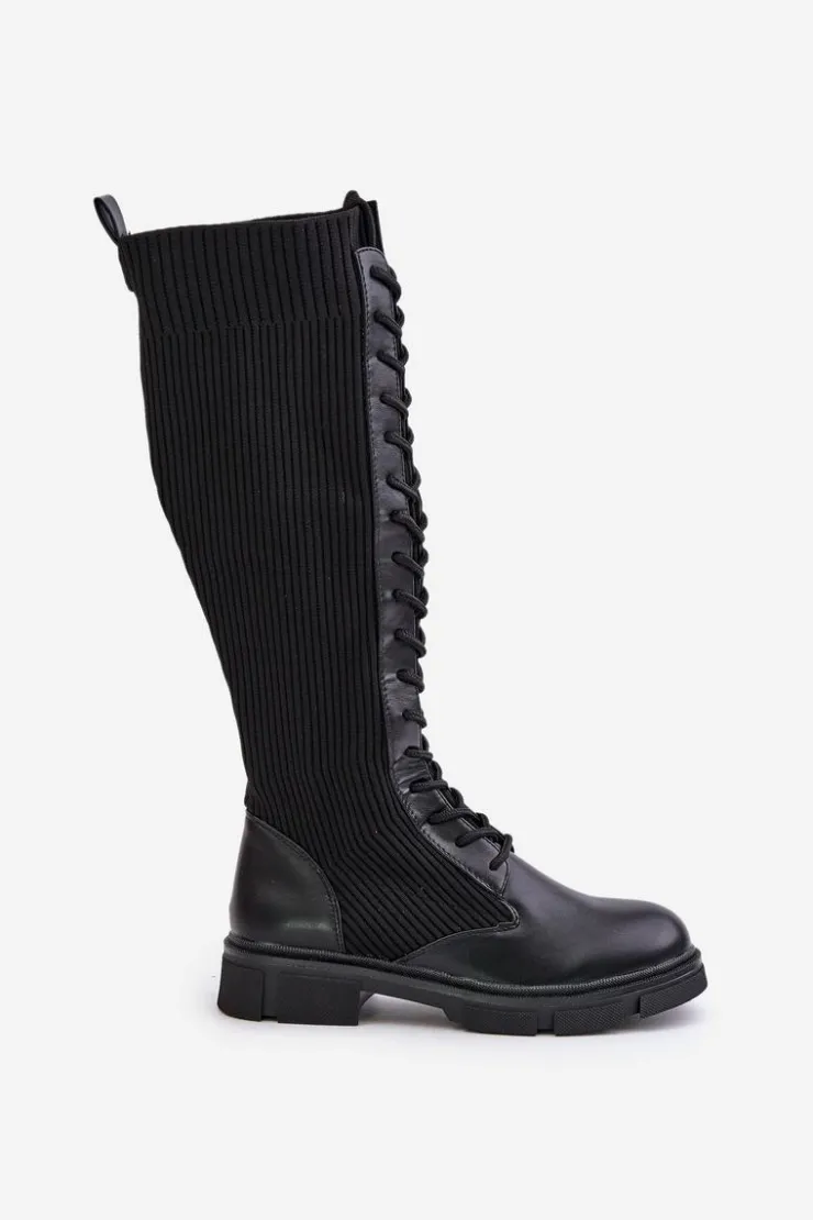 Boto Kozaki Ocieplane|Kozaki Wiosenne*Sznurowane Kozaki Z Elastyczną Cholewką Czarne Vamilena Czarny