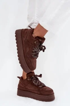 Boto Sznurowane Śniegowce Damskie Na Platformie Ocieplane Futerkiem Brązowe Tavelle