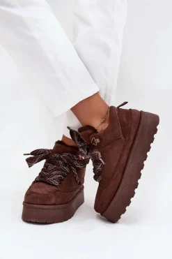 Boto Sznurowane Śniegowce Damskie Na Platformie Ocieplane Futerkiem Brązowe Tavelle