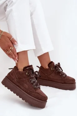 Boto Sznurowane Śniegowce Damskie Na Platformie Ocieplane Futerkiem Brązowe Tavelle