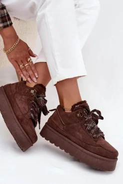 Boto Sznurowane Śniegowce Damskie Na Platformie Ocieplane Futerkiem Brązowe Tavelle