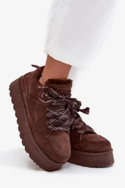 Boto Sznurowane Śniegowce Damskie Na Platformie Ocieplane Futerkiem Brązowe Tavelle