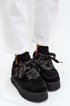 Boto Śniegowce Damskie*Sznurowane Śniegowce Damskie Na Platformie Ocieplane Futerkiem Czarne Tavelle