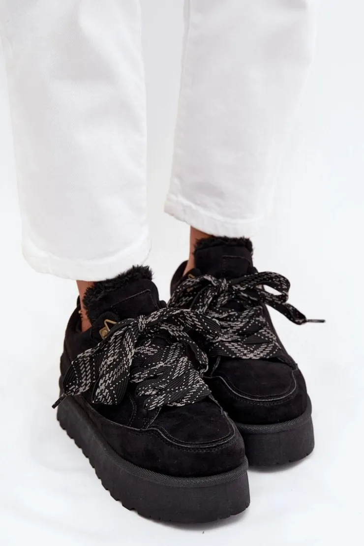 Boto Śniegowce Damskie*Sznurowane Śniegowce Damskie Na Platformie Ocieplane Futerkiem Czarne Tavelle