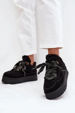 Boto Śniegowce Damskie*Sznurowane Śniegowce Damskie Na Platformie Ocieplane Futerkiem Czarne Tavelle