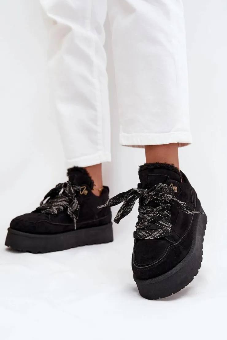 Boto Śniegowce Damskie*Sznurowane Śniegowce Damskie Na Platformie Ocieplane Futerkiem Czarne Tavelle