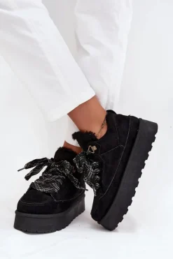 Boto Śniegowce Damskie*Sznurowane Śniegowce Damskie Na Platformie Ocieplane Futerkiem Czarne Tavelle