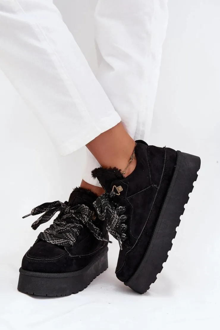 Boto Śniegowce Damskie*Sznurowane Śniegowce Damskie Na Platformie Ocieplane Futerkiem Czarne Tavelle