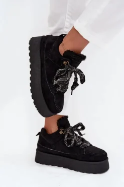 Boto Śniegowce Damskie*Sznurowane Śniegowce Damskie Na Platformie Ocieplane Futerkiem Czarne Tavelle