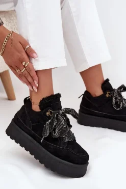 Boto Śniegowce Damskie*Sznurowane Śniegowce Damskie Na Platformie Ocieplane Futerkiem Czarne Tavelle